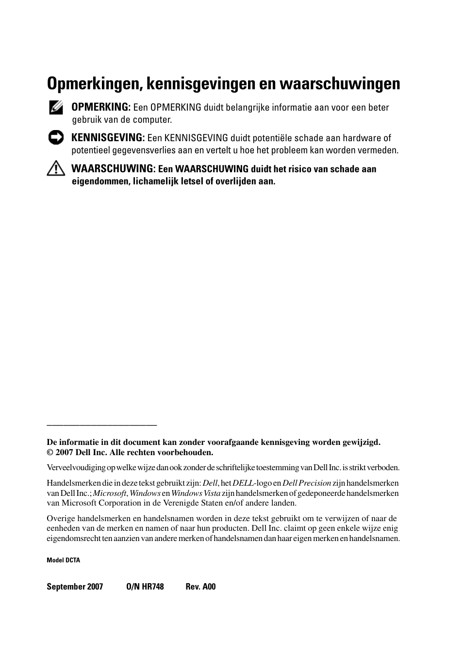 Opmerkingen, kennisgevingen en waarschuwingen | Dell Precision T5400 (Late 2007) User Manual | Page 62 / 394