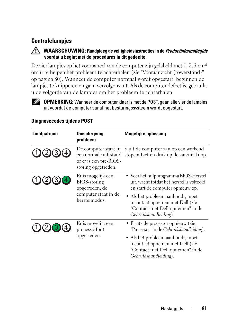 Controlelampjes | Dell Precision T5400 (Late 2007) User Manual | Page 91 / 394
