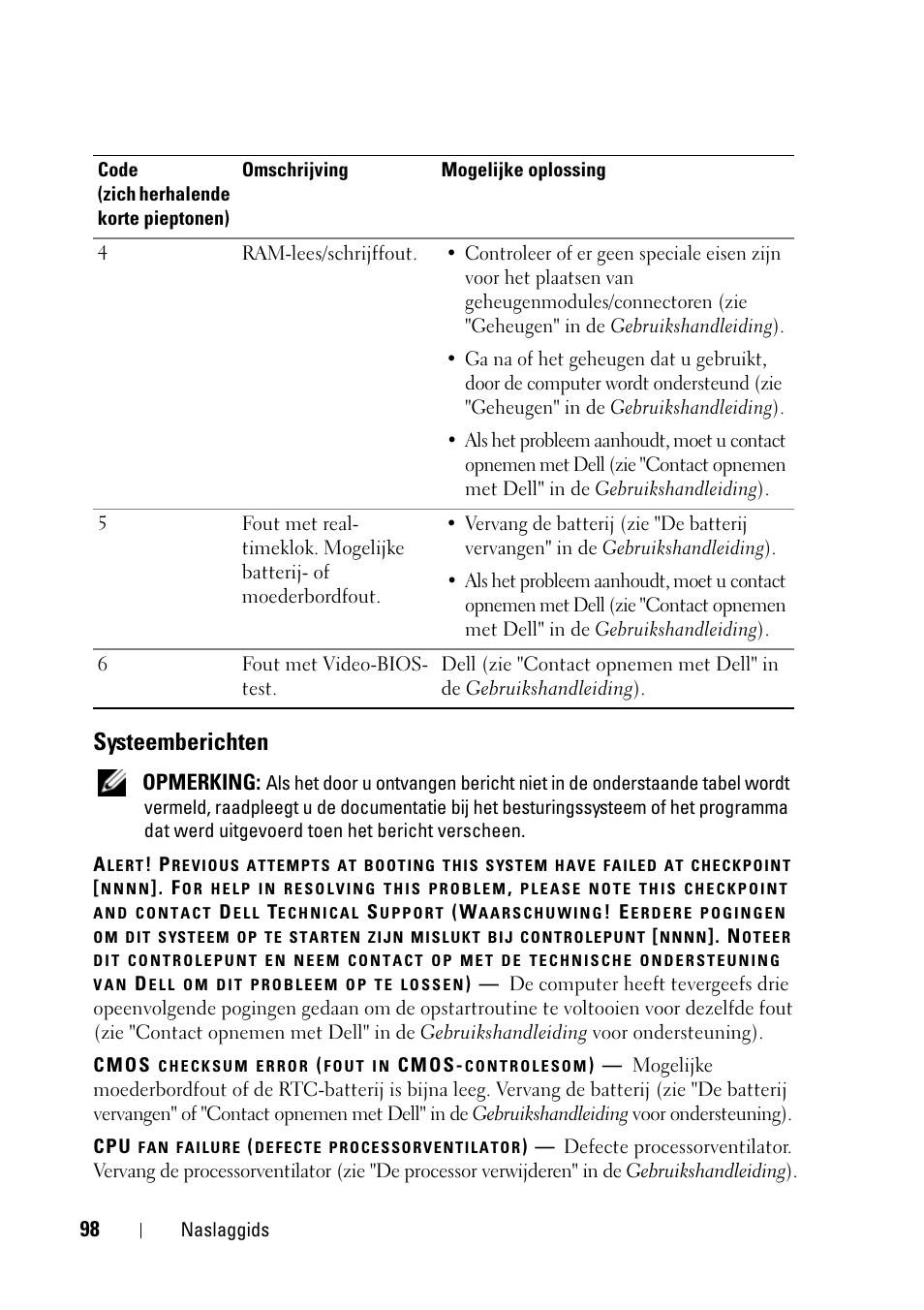 Systeemberichten, Opmerking | Dell Precision T5400 (Late 2007) User Manual | Page 98 / 394