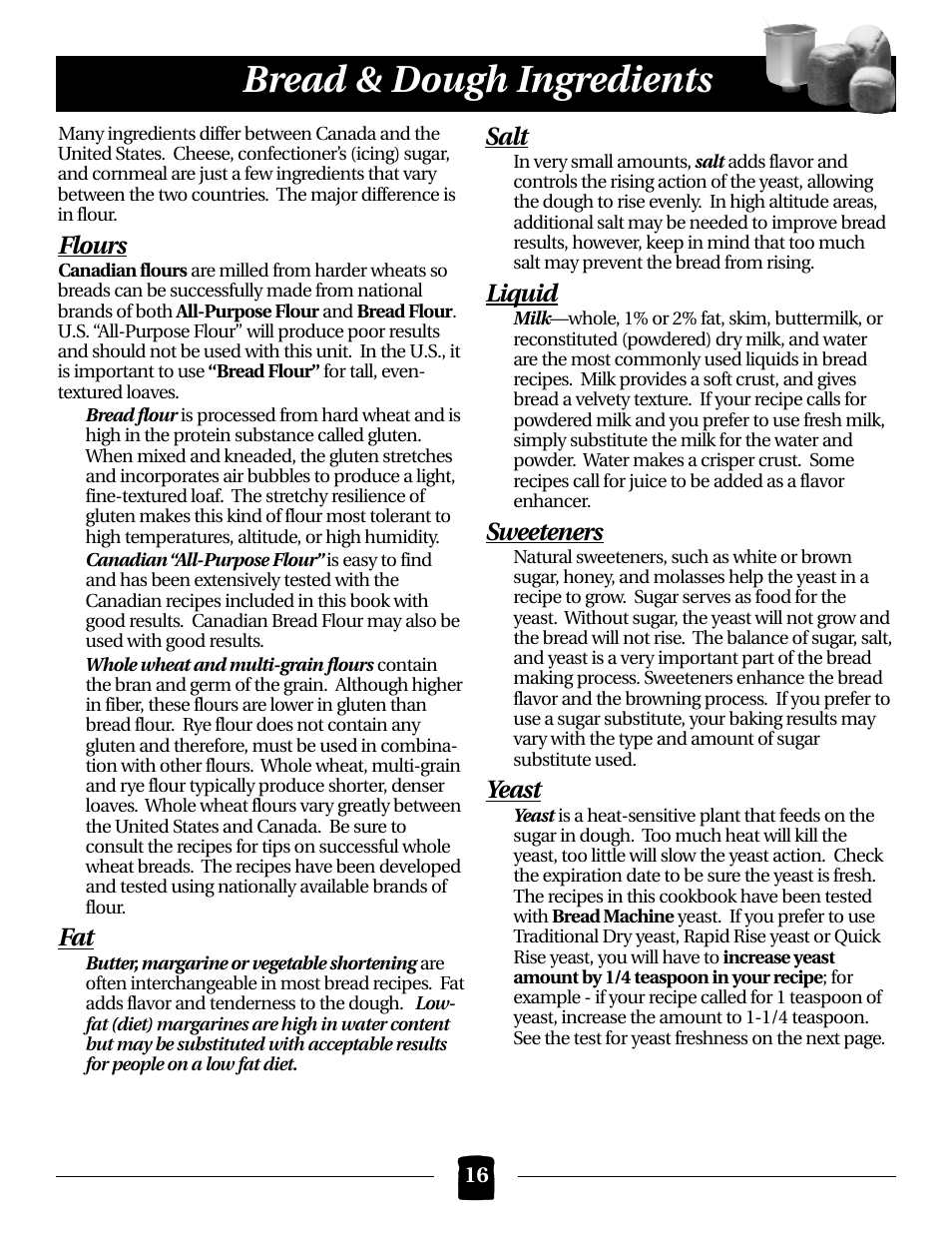 Bread & dough ingredients, Flours, Salt | Liquid, Sweeteners, Yeast | Black & Decker B1561 User Manual | Page 16 / 36