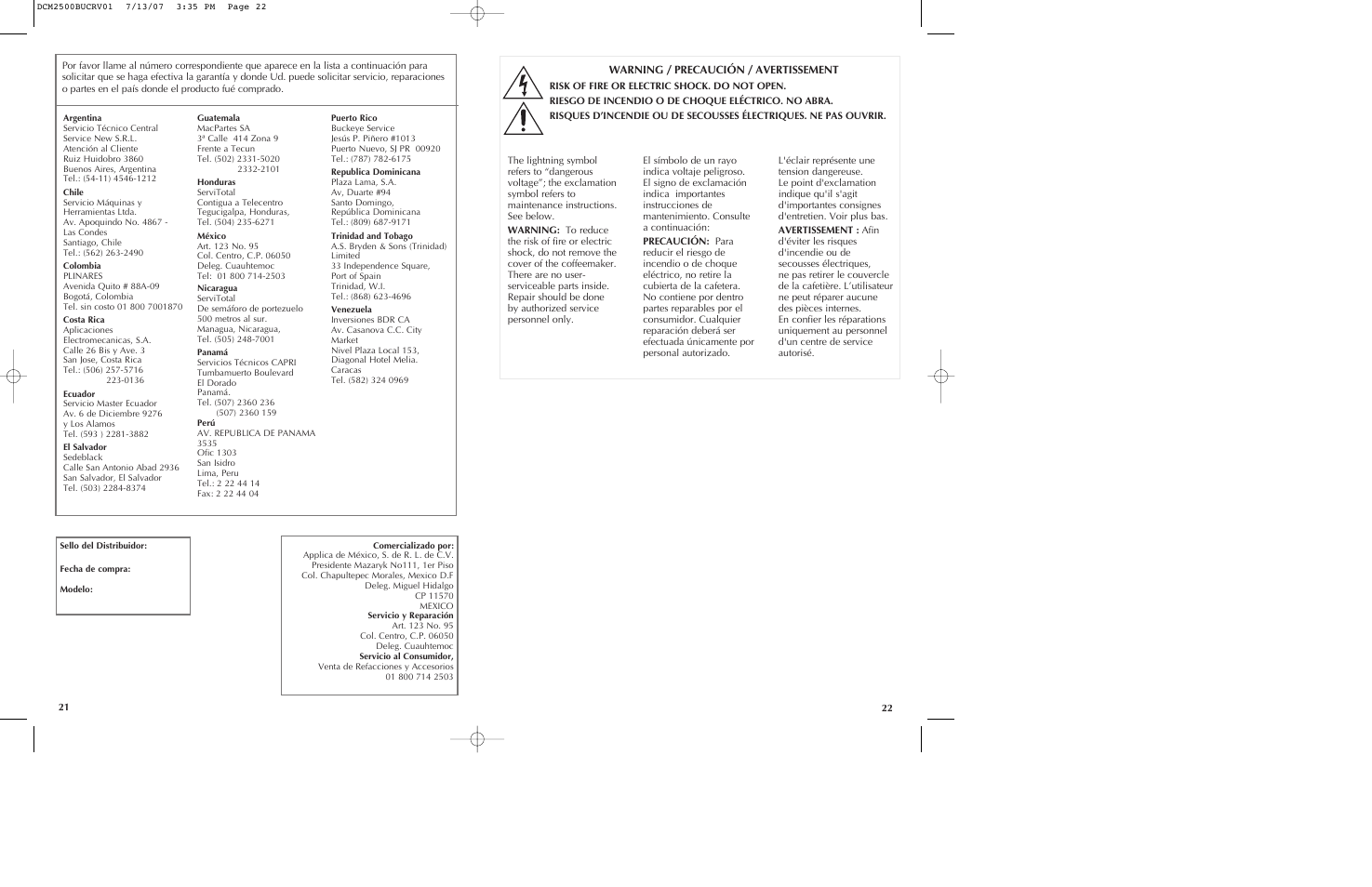 Warning / precaución / avertissement | Black & Decker SmartBrew DCM2500K User Manual | Page 12 / 13