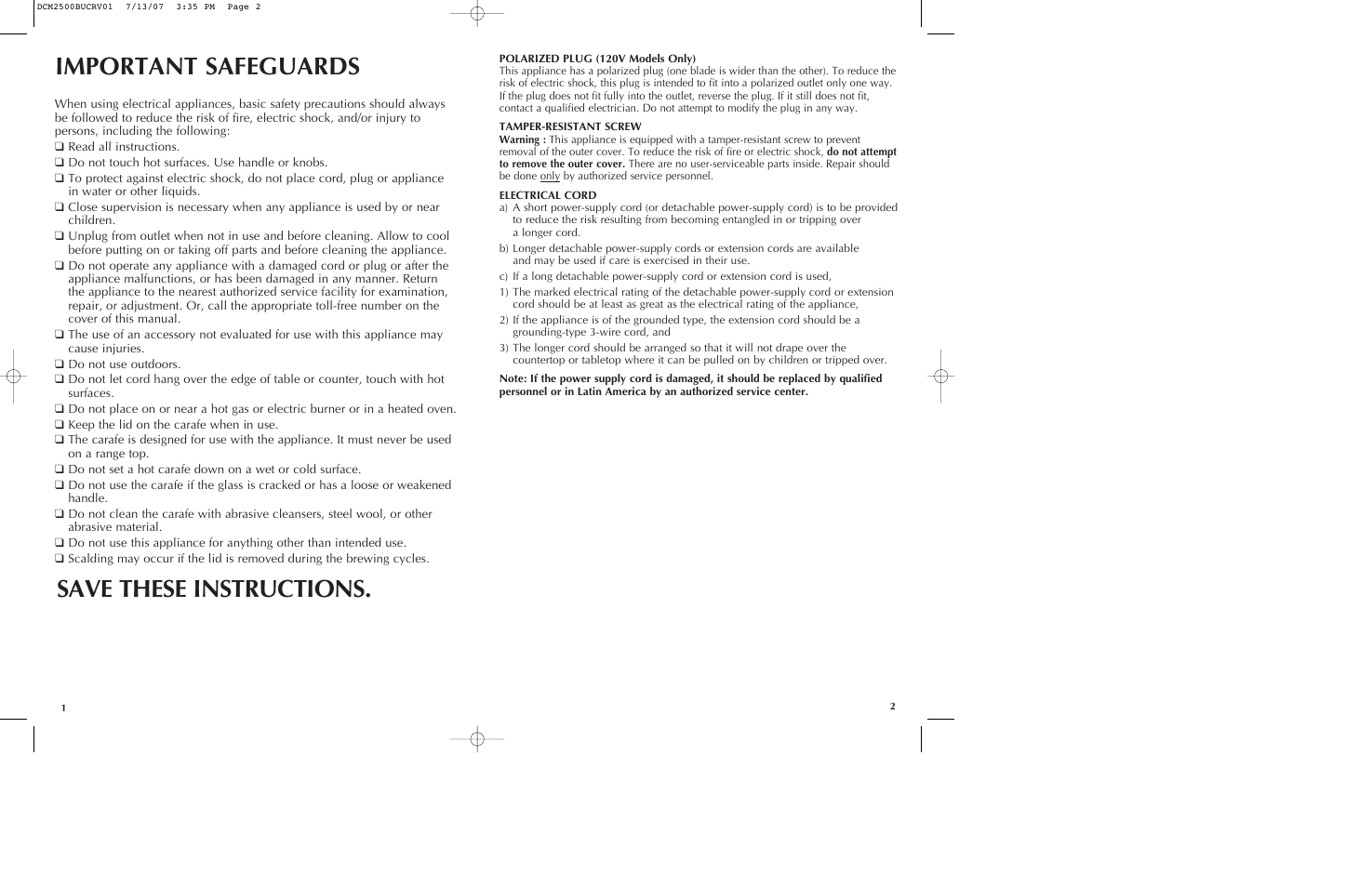 Important safeguards, Save these instructions | Black & Decker SmartBrew DCM2500K User Manual | Page 2 / 13