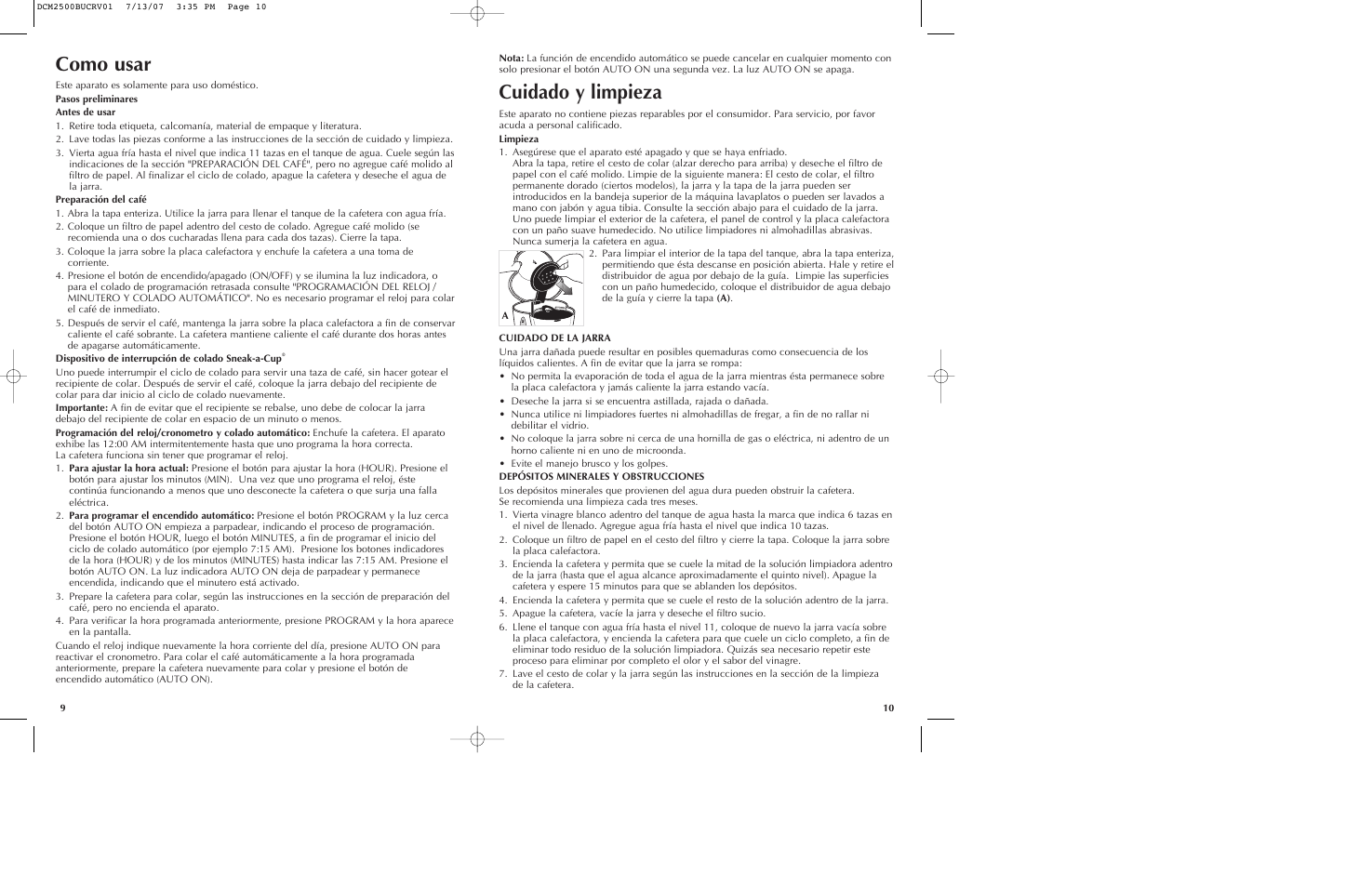 Como usar, Cuidado y limpieza | Black & Decker SmartBrew DCM2500K User Manual | Page 6 / 13