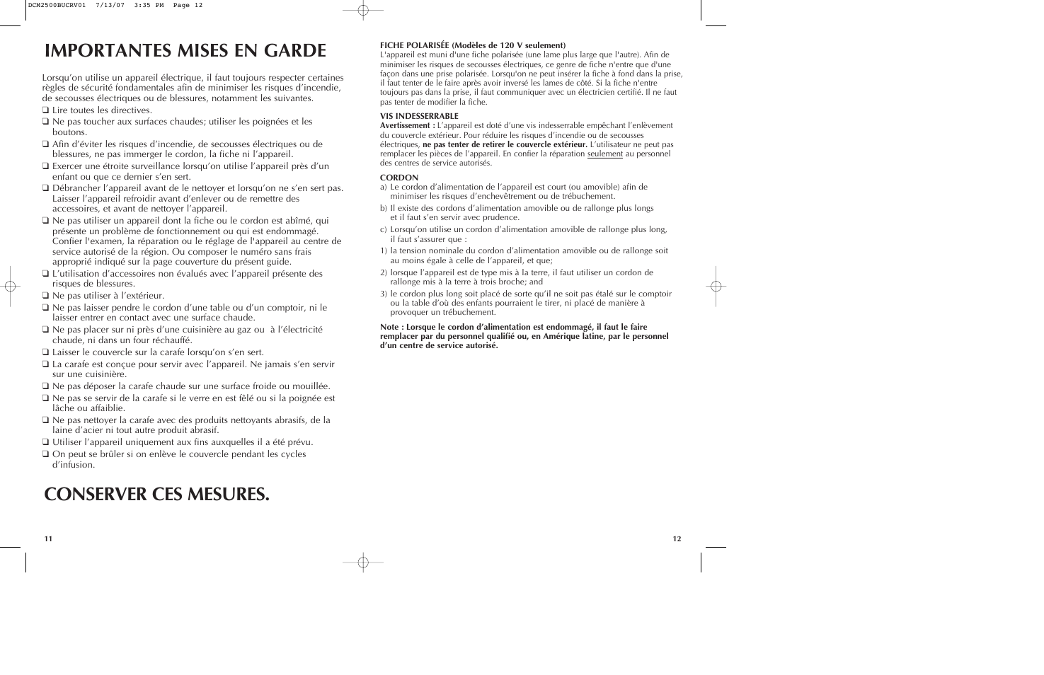 Importantes mises en garde conserver ces mesures | Black & Decker SmartBrew DCM2500K User Manual | Page 7 / 13