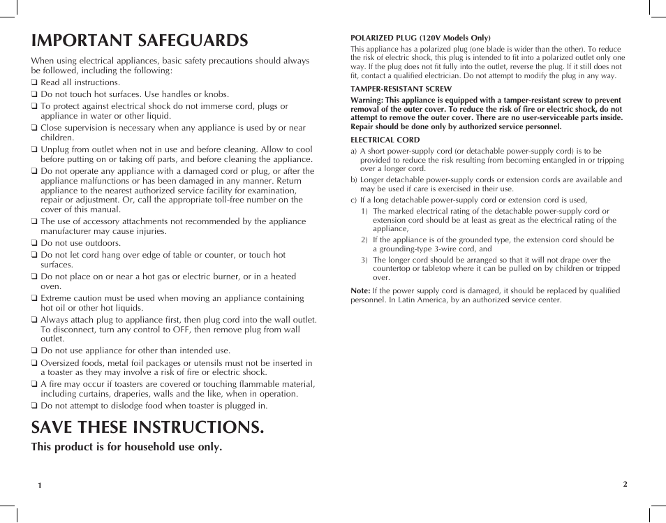 Important safeguards, Save these instructions, This product is for household use only | Black & Decker T4680B User Manual | Page 2 / 9