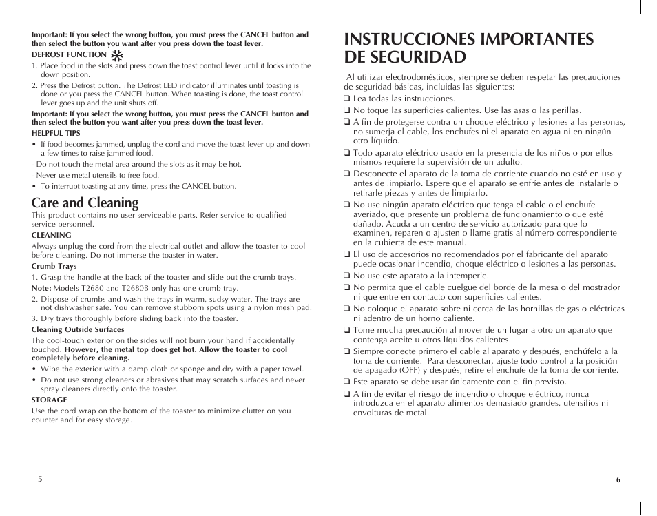 Instrucciones importantes de seguridad, Care and cleaning | Black & Decker T4680B User Manual | Page 4 / 9