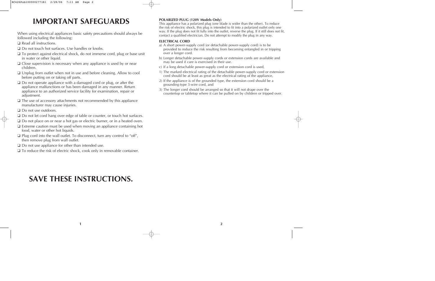 Important safeguards save these instructions | Black & Decker RC426 User Manual | Page 2 / 15