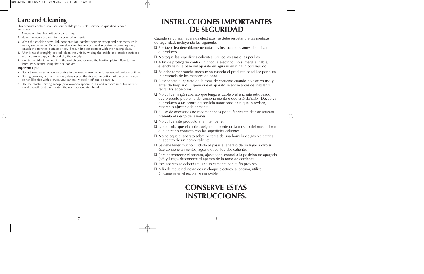 Instrucciones importantes de seguridad, Conserve estas instrucciones, Care and cleaning | Black & Decker RC426 User Manual | Page 5 / 15