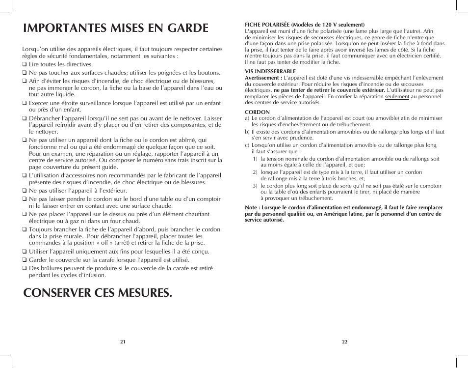 Importantes mises en garde, Conserver ces mesures | Black & Decker DCM2160W User Manual | Page 12 / 19