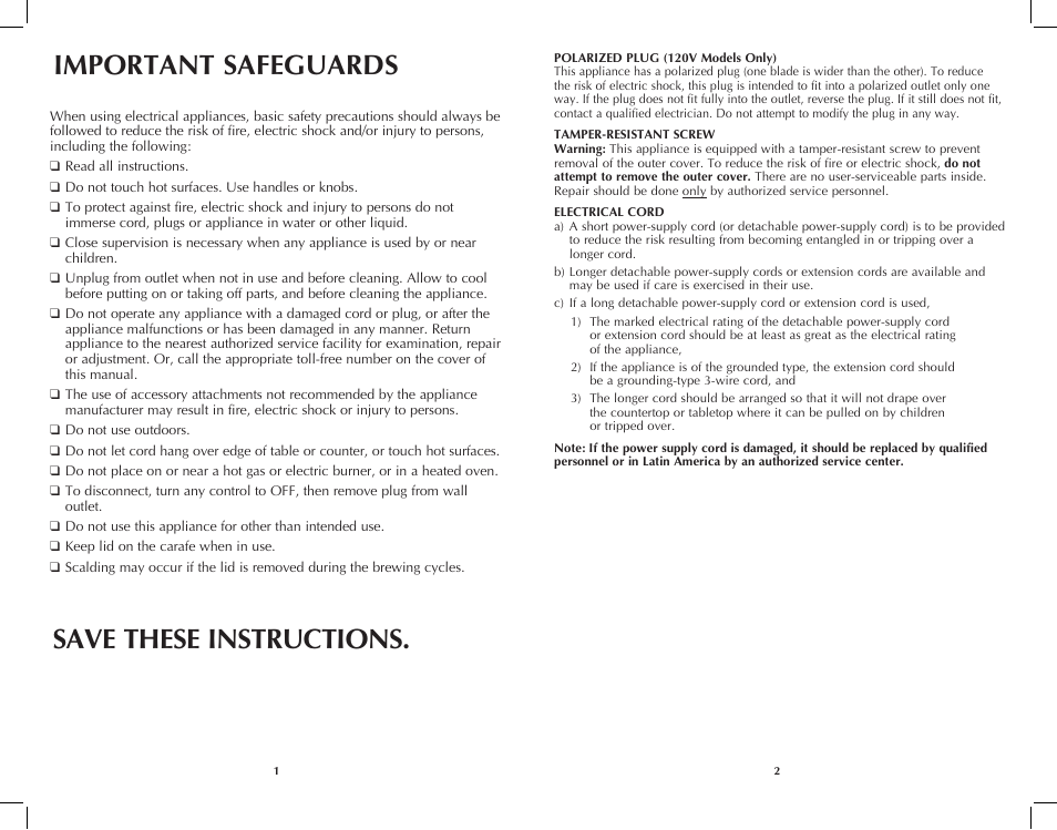 Important safeguards, Save these instructions | Black & Decker DCM2160W User Manual | Page 2 / 19