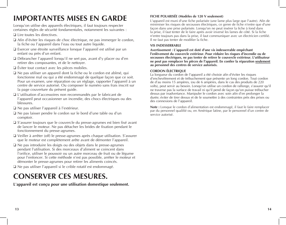 Importantes mises en garde, Conserver ces mesures | Black & Decker JE2060 User Manual | Page 8 / 13