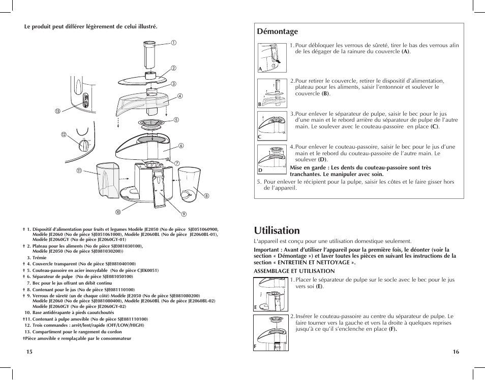 Utilisation, Démontage, Hi off low | Black & Decker JE2060 User Manual | Page 9 / 13