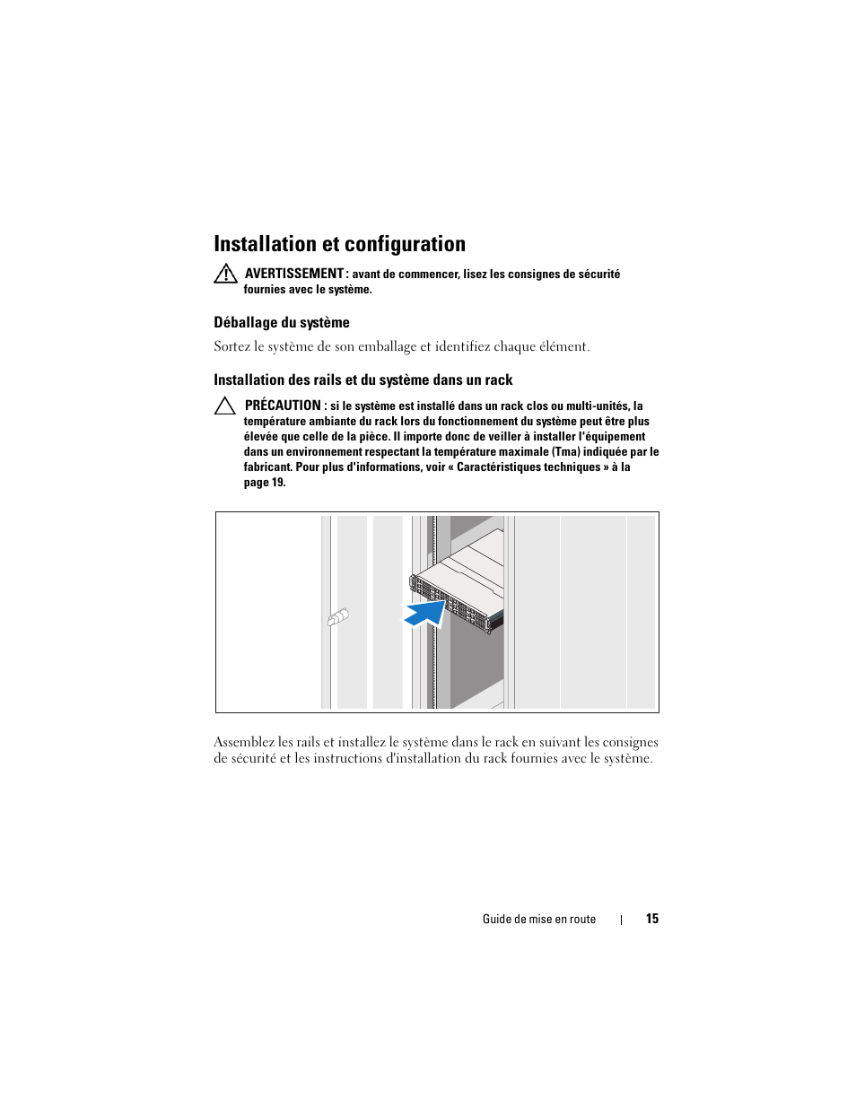 Installation et configuration, Déballage du système, Installation des rails et du système dans un rack | Dell PowerVault MD1200 User Manual | Page 17 / 54