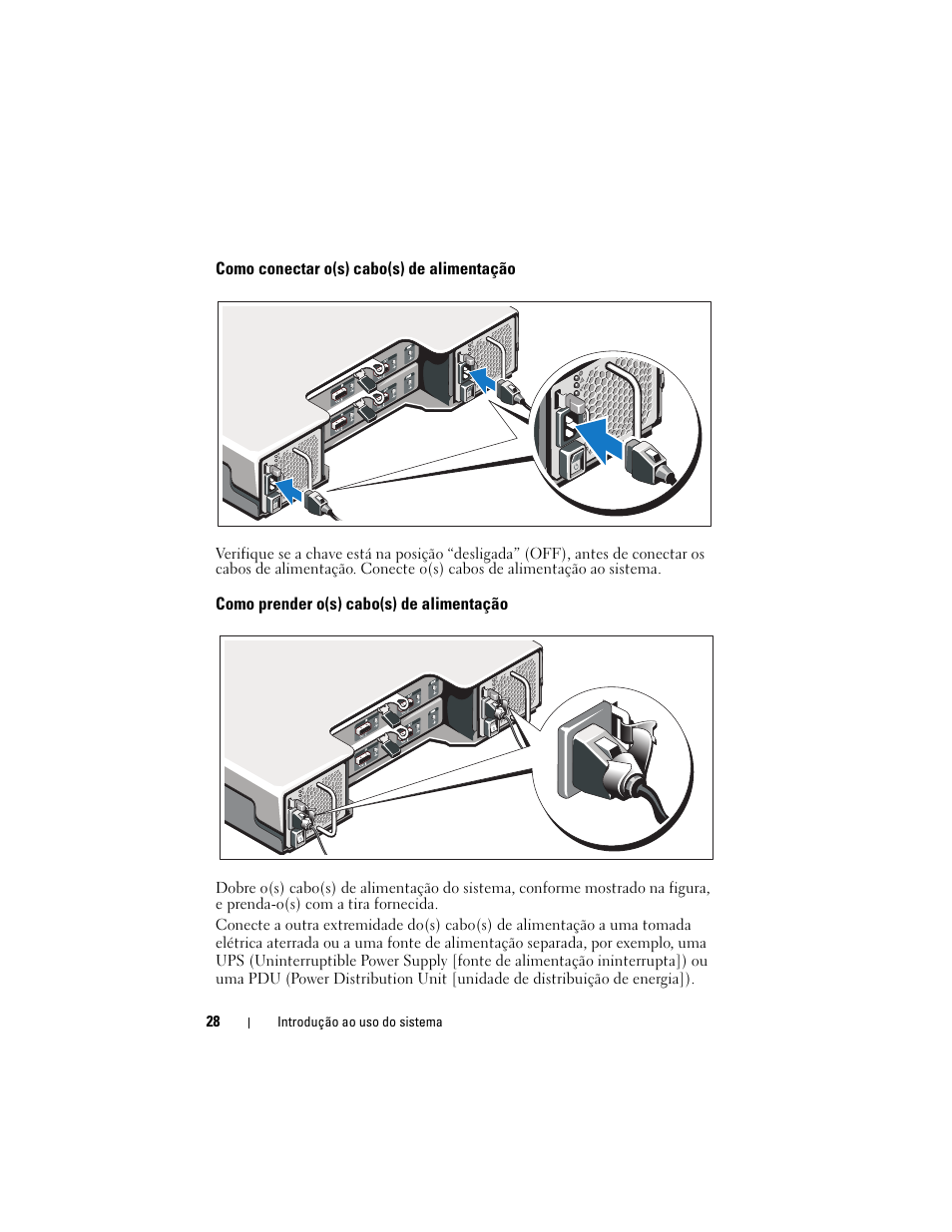 Como conectar o(s) cabo(s) de alimentação, Como prender o(s) cabo(s) de alimentação | Dell PowerVault MD1200 User Manual | Page 30 / 54