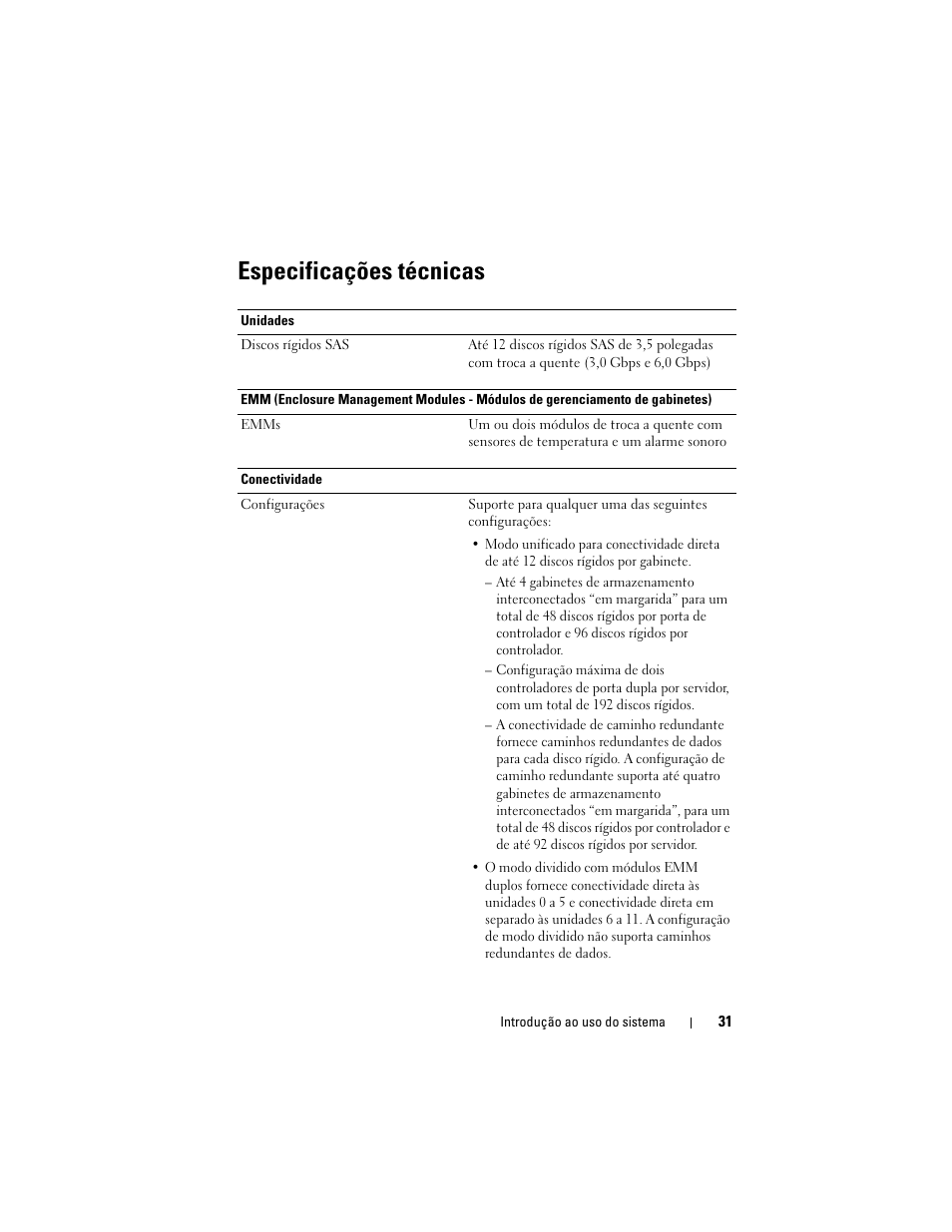 Especificações técnicas | Dell PowerVault MD1200 User Manual | Page 33 / 54