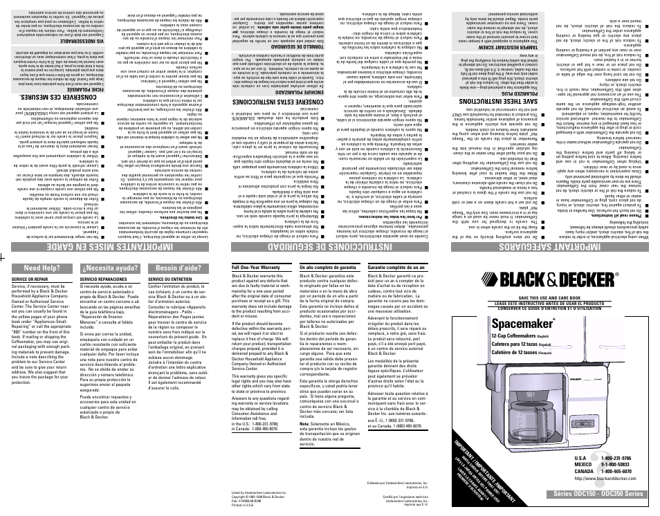 Warranty, Garantia, Garantie | Spacemaker, Need help, Necesita ayuda, Besoin d’aide | Black & Decker ODC350 User Manual | Page 6 / 7