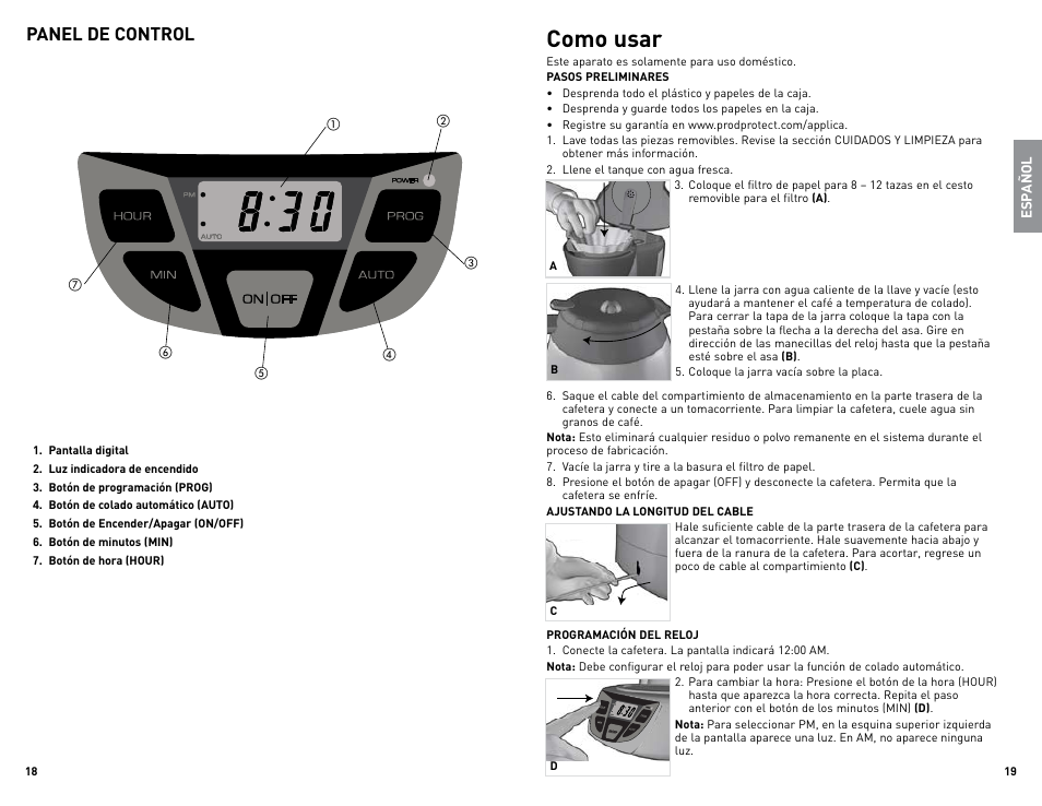 Como usar, Panel de control | Black & Decker CM1509 User Manual | Page 10 / 15