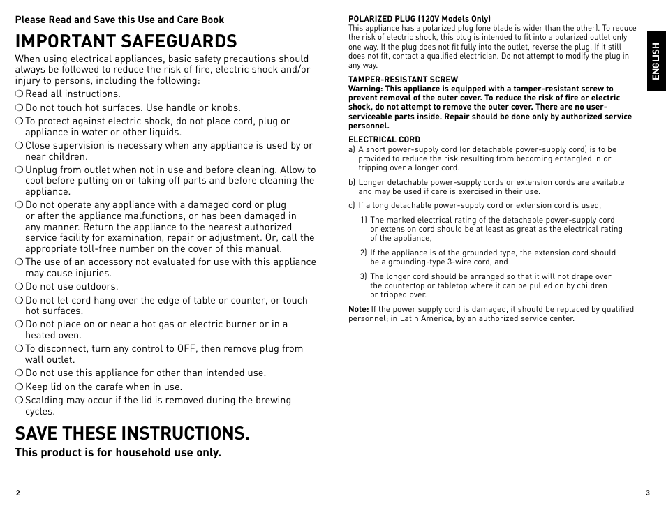 Important safeguards, Save these instructions | Black & Decker CM1509 User Manual | Page 2 / 15