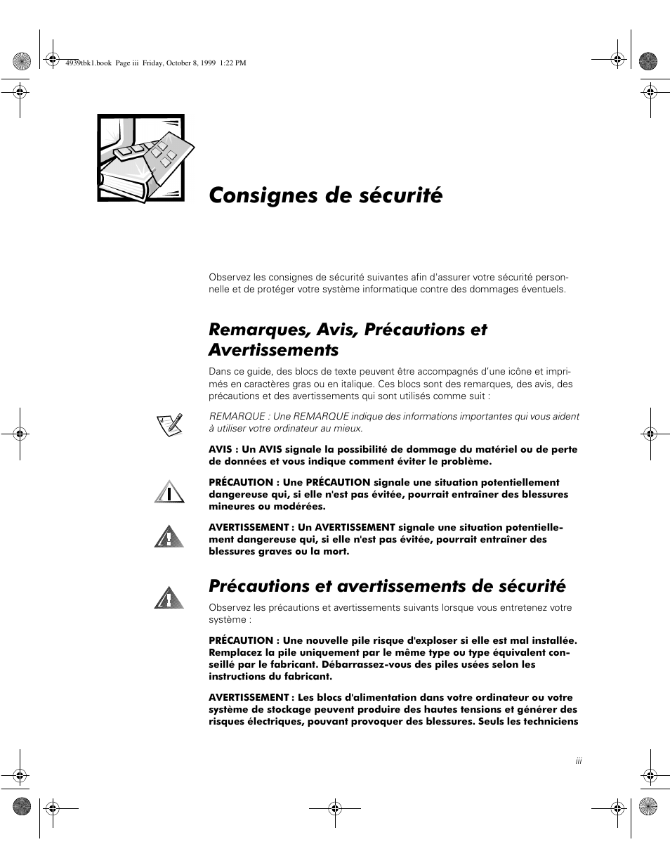 Consignes de sécurité, Remarques, avis, précautions et avertissements, Précautions et avertissements de sécurité | Dell PowerVault 50F (Fibre Channel Switch) User Manual | Page 29 / 98