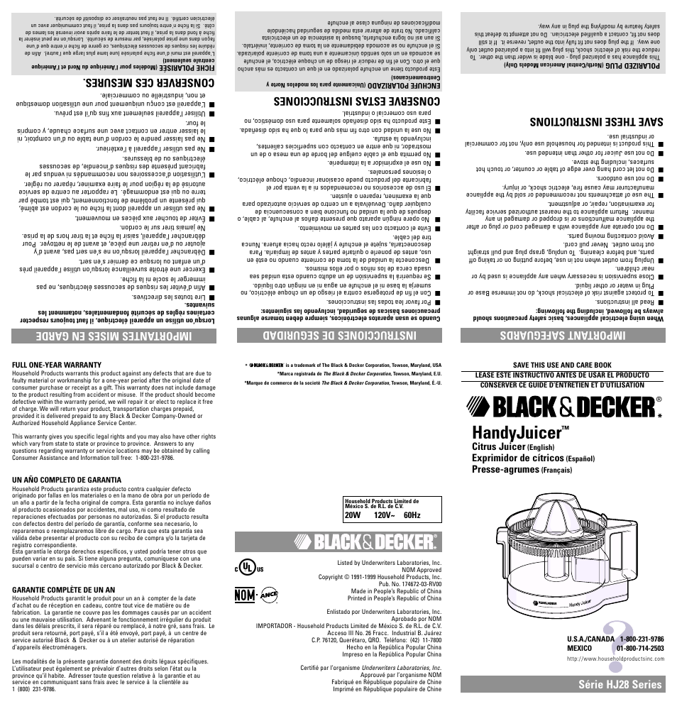 Handyjuicer, Important safeguards, Save these instructions | Instrucciones de seguridad, Série hj28 series, Conserve estas instrucciones, Importantes mises en garde, Conserver ces mesures, Citrus juicer, Exprimidor de cítricos | Black & Decker HJ28 User Manual | Page 12 / 12