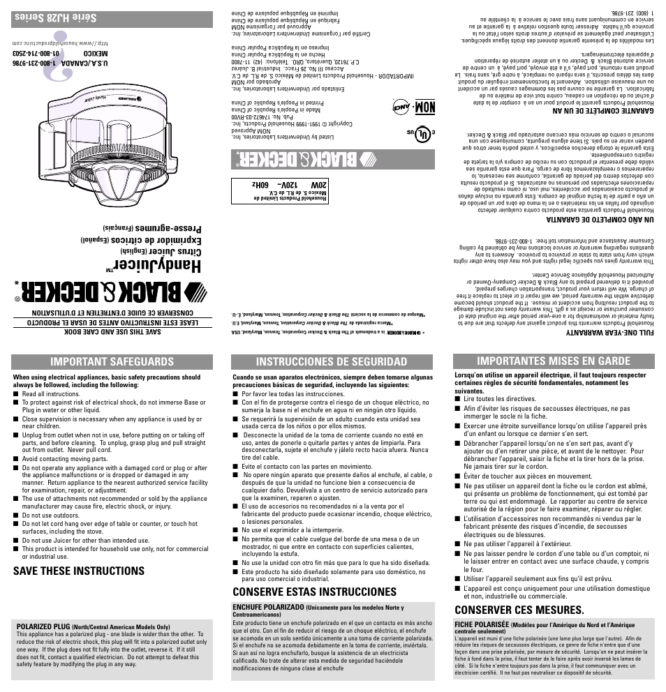 Safegaurds, Handyjuicer, Important safeguards | Save these instructions, Instrucciones de seguridad, Série hj28 series, Conserve estas instrucciones, Importantes mises en garde, Conserver ces mesures, Citrus juicer | Black & Decker HJ28 User Manual | Page 2 / 12