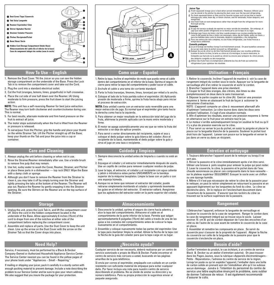 Como usar, How to use – english care and cleaning storage, Need help | Como usar – español cuidado y limpieza, Necesita ayuda? entretien et nettoyage rangement, Besoin d’aide? almacenamiento, Autilisation – français | Black & Decker HJ28 User Manual | Page 6 / 12