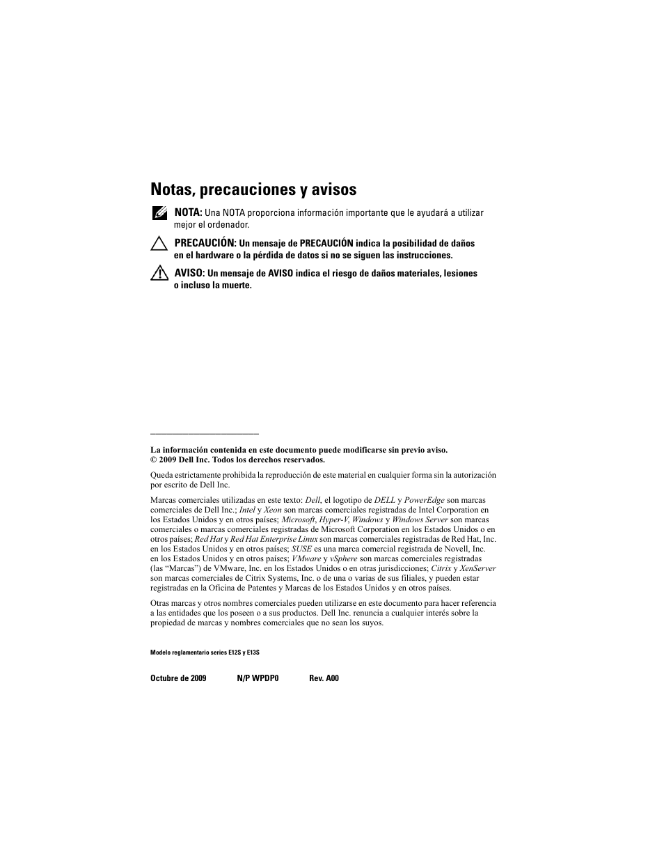 Notas, precauciones y avisos | Dell PowerEdge R510 User Manual | Page 104 / 130