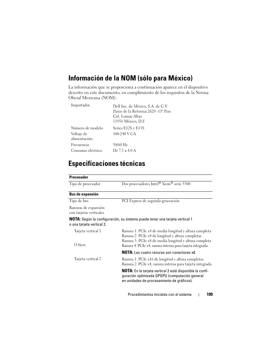 Información de la nom (sólo para méxico), Especificaciones técnicas | Dell PowerEdge R510 User Manual | Page 111 / 130