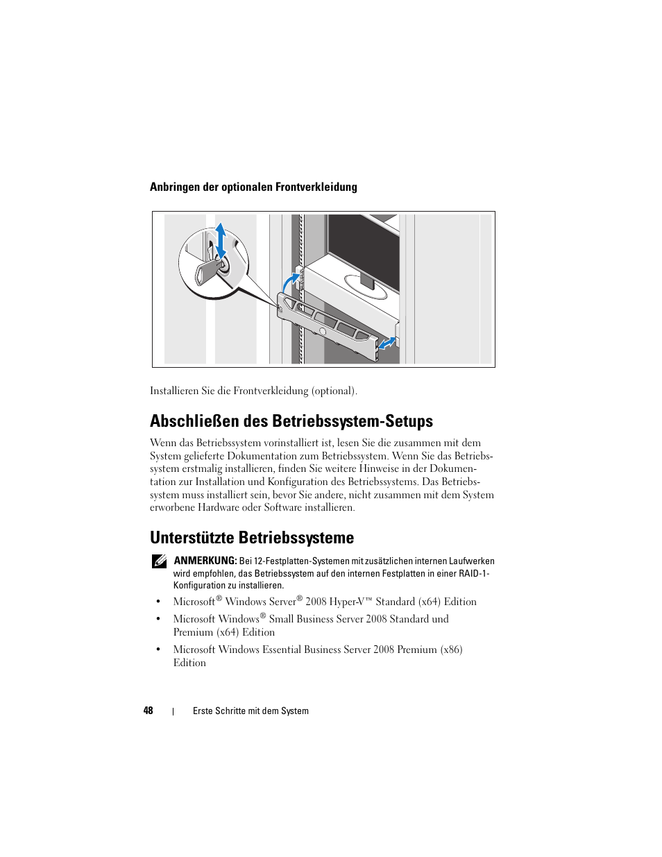 Anbringen der optionalen frontverkleidung, Abschließen des betriebssystem-setups, Unterstützte betriebssysteme | Dell PowerEdge R510 User Manual | Page 50 / 130