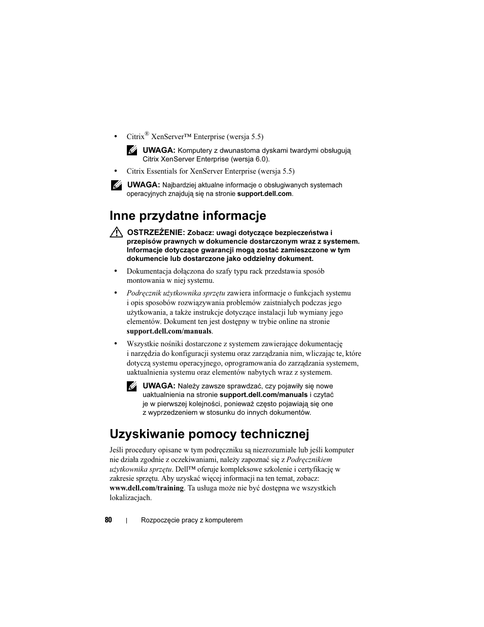 Inne przydatne informacje, Uzyskiwanie pomocy technicznej | Dell PowerEdge R510 User Manual | Page 82 / 130