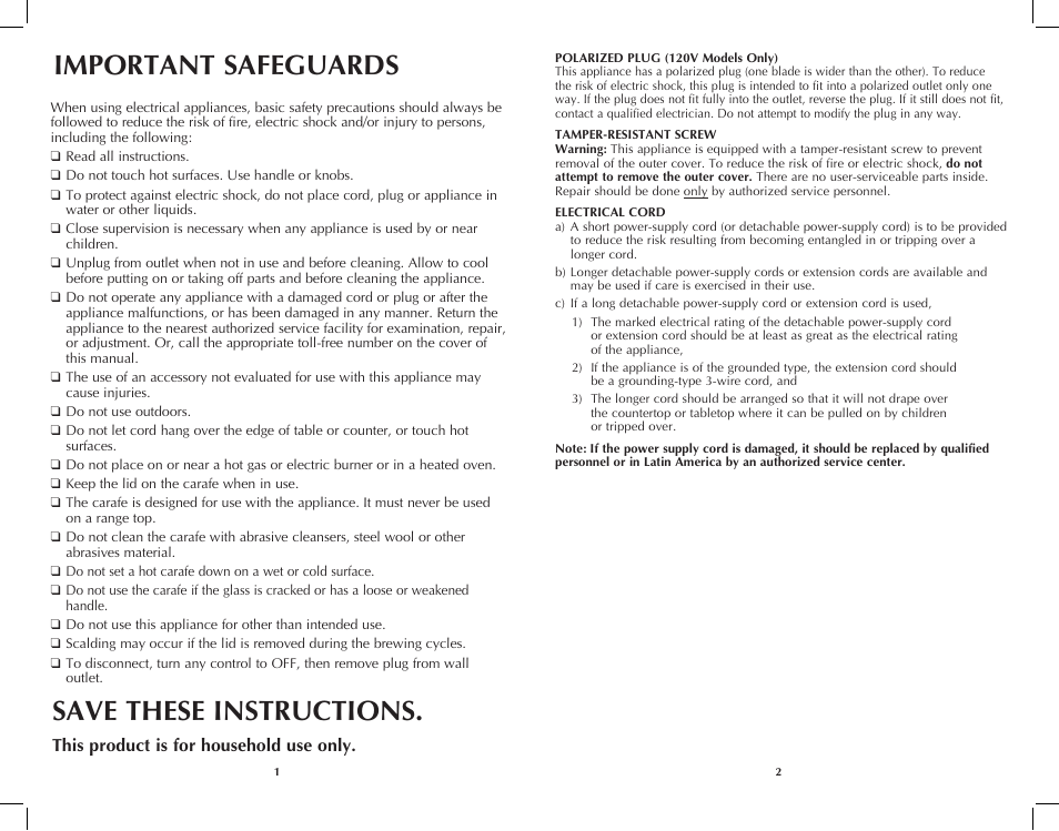 Important safeguards, Save these instructions, This product is for household use only | Black & Decker DCM3100B User Manual | Page 2 / 21