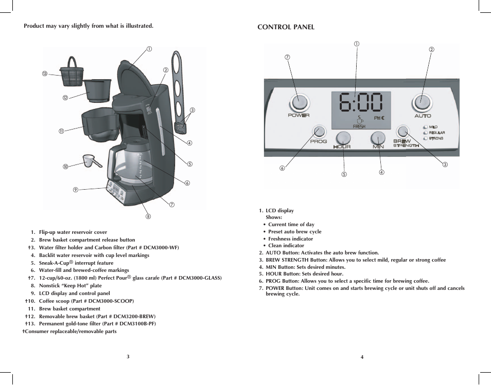 Coffee, Water, Ma x | Br ew st re ng th | Black & Decker DCM3100B User Manual | Page 3 / 21