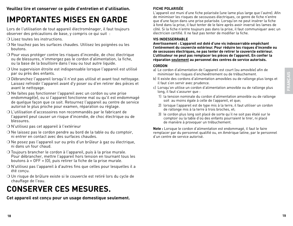 Importantes mises en garde, Conserver ces mesures | Black & Decker JKC650 User Manual | Page 10 / 13