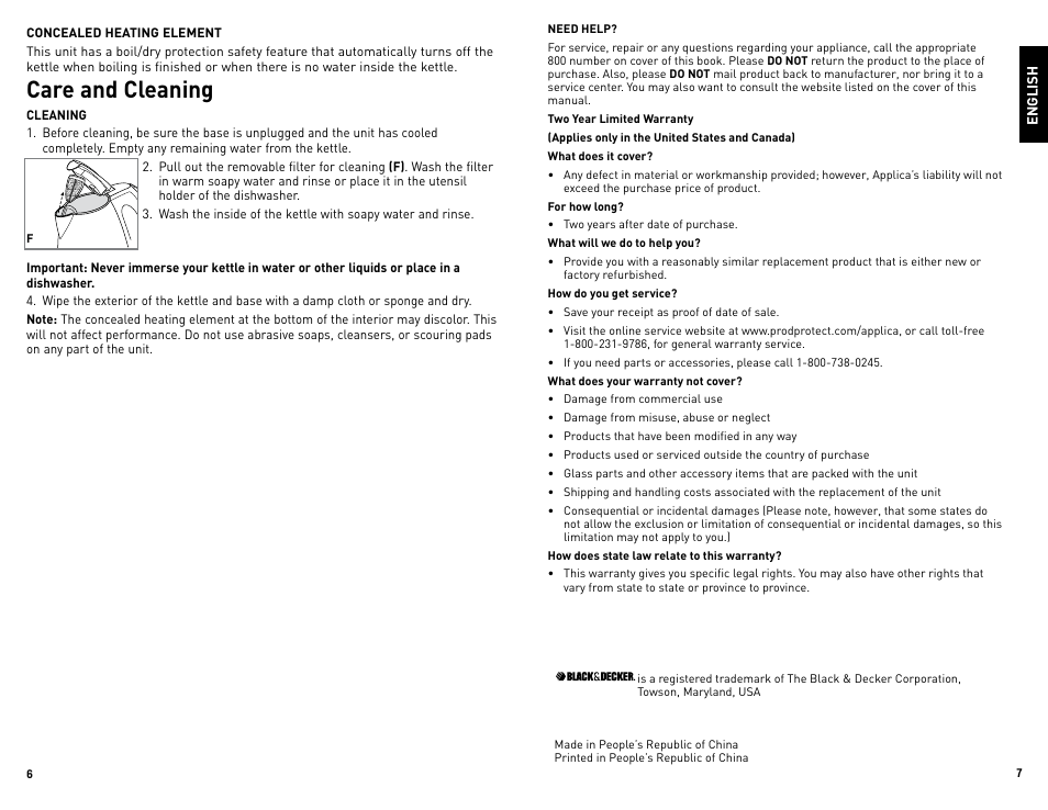 Care and cleaning | Black & Decker JKC650 User Manual | Page 4 / 13