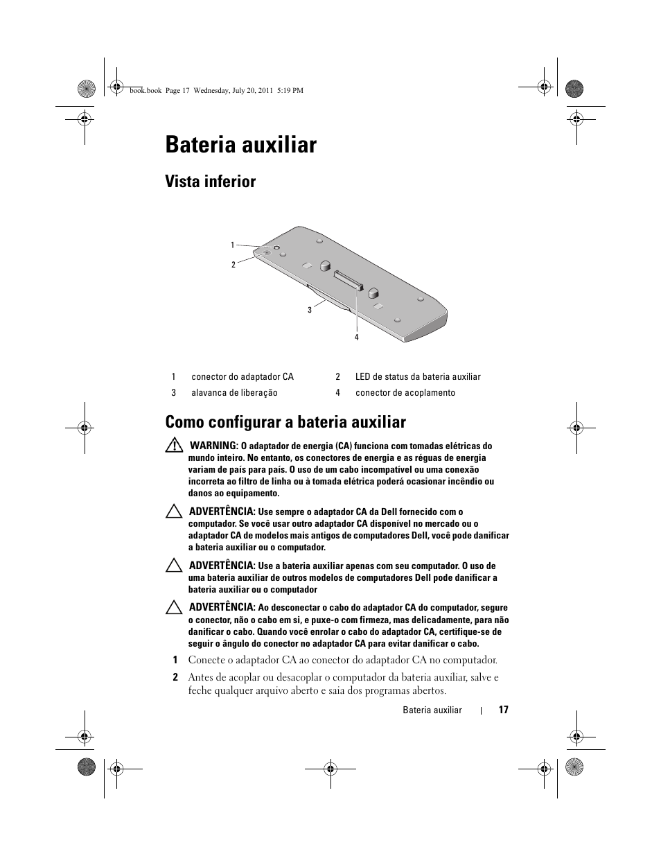 Bateria auxiliar, Vista inferior, Como configurar a bateria auxiliar | Vista inferior como configurar a bateria auxiliar | Dell Latitude E5420 (Early 2011) User Manual | Page 19 / 32