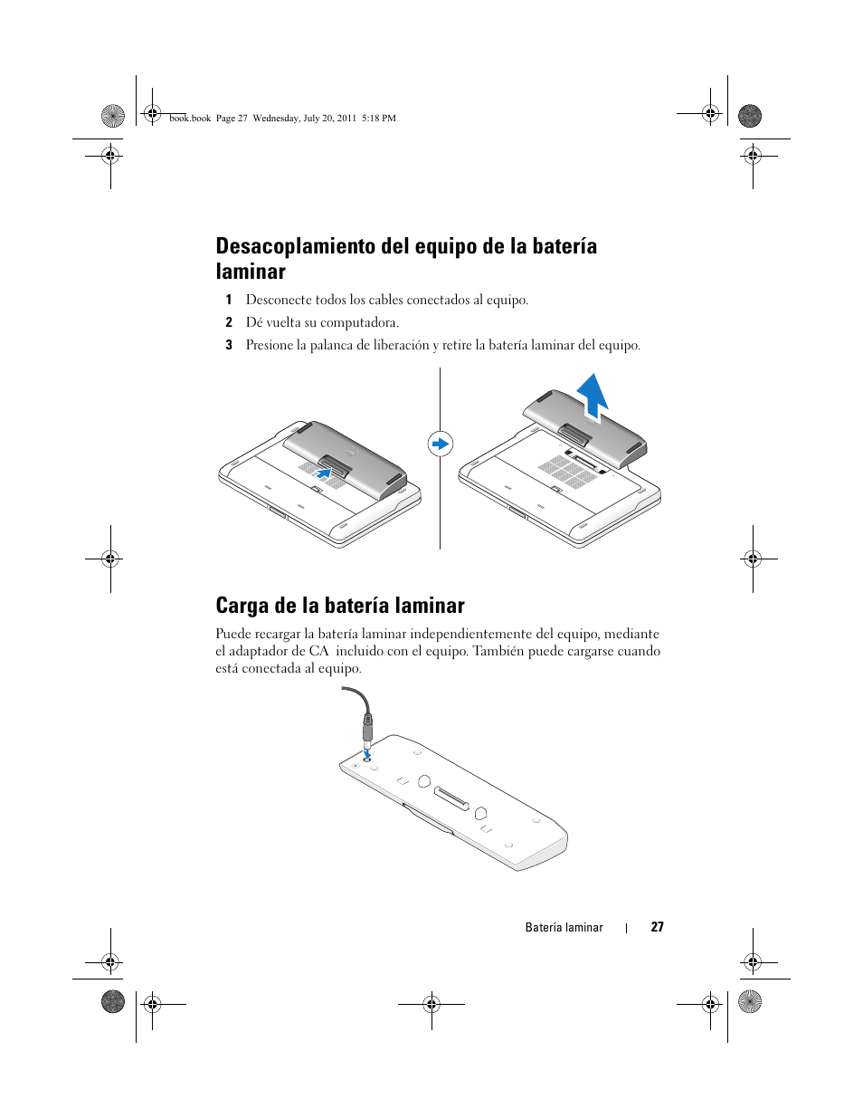 Desacoplamiento del equipo de la batería laminar, Carga de la batería laminar | Dell Latitude E5420 (Early 2011) User Manual | Page 29 / 32