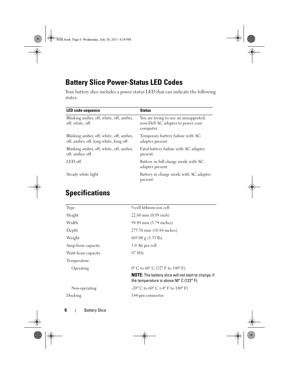 Battery slice power-status led codes, Specifications | Dell Latitude E5420 (Early 2011) User Manual | Page 8 / 32