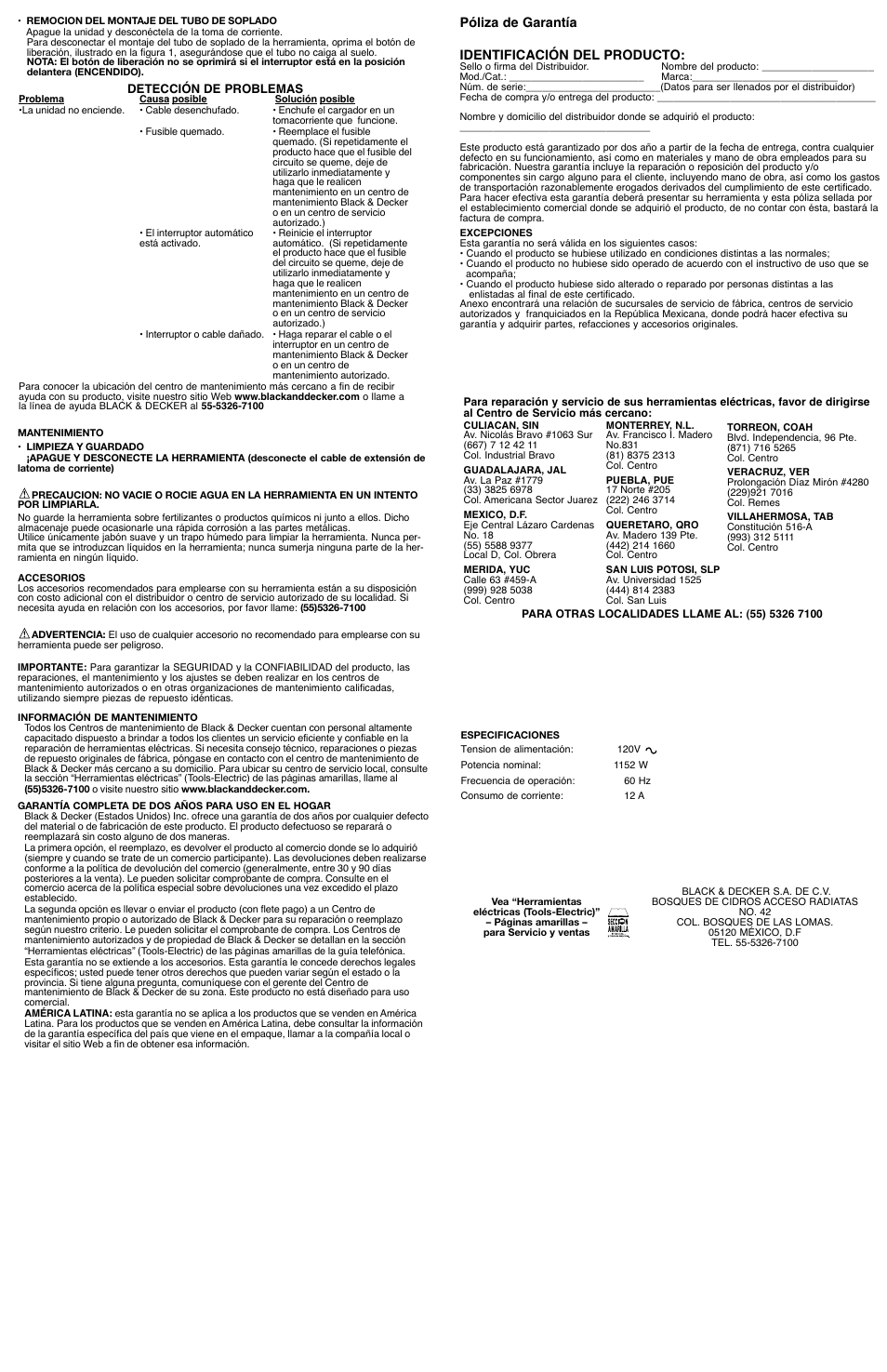 Póliza de garantía identificación del producto | Black & Decker 90551217 User Manual | Page 5 / 5