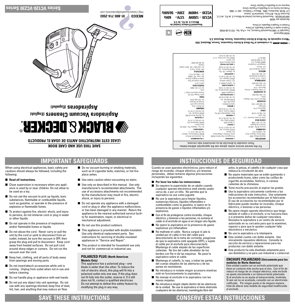 Safegaurds, Aspiradora vacuum cleaners, Aspiradoras | Important safeguards, Save these instructions, English), Español) | Black & Decker VC120-VC230 Series User Manual | Page 2 / 5