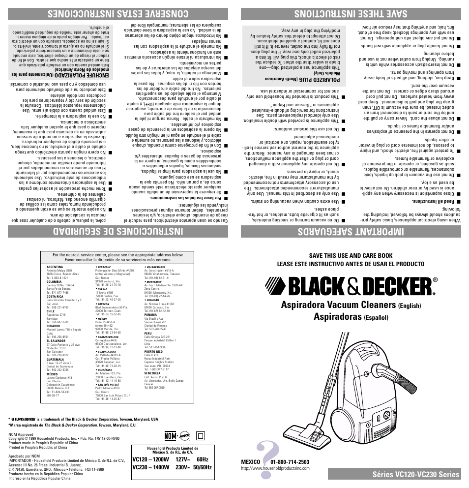 Service centers, Aspiradora vacuum cleaners, Aspiradoras | Important safeguards, Save these instructions | Black & Decker VC120-VC230 Series User Manual | Page 4 / 5