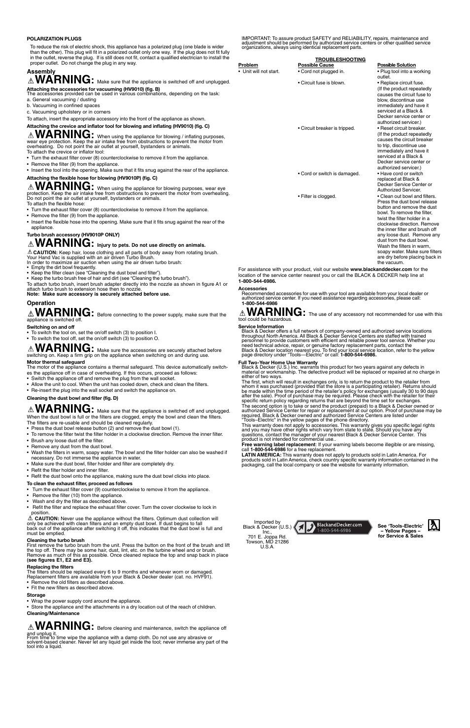 Warning | Black & Decker HV9010P User Manual | Page 2 / 6