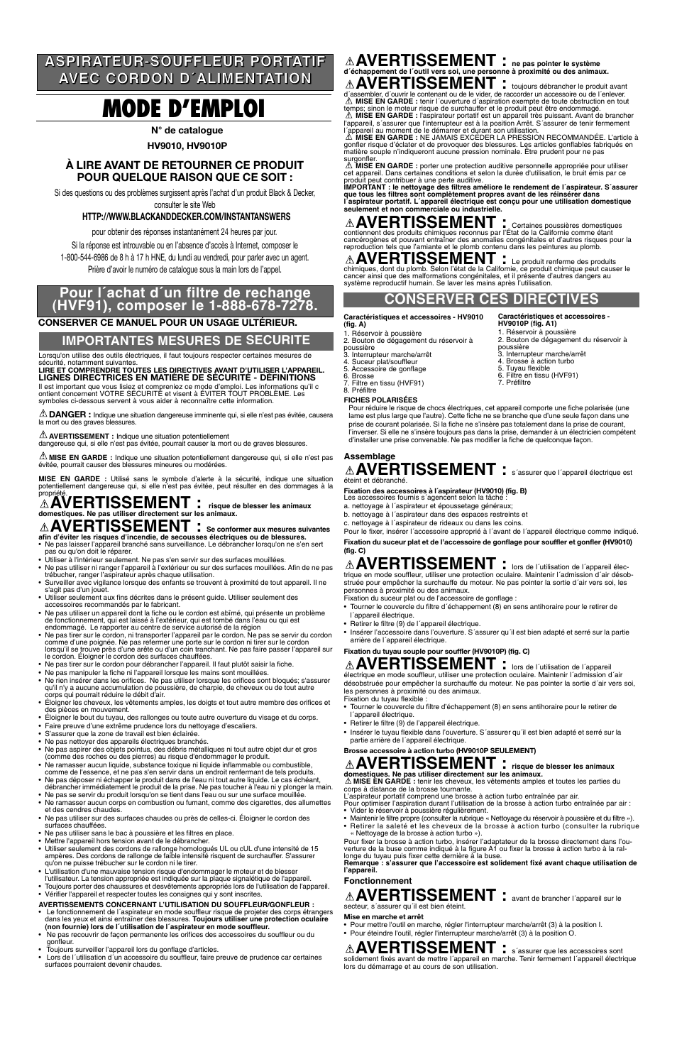 Mode d’emploi, Avertissement | Black & Decker HV9010P User Manual | Page 3 / 6