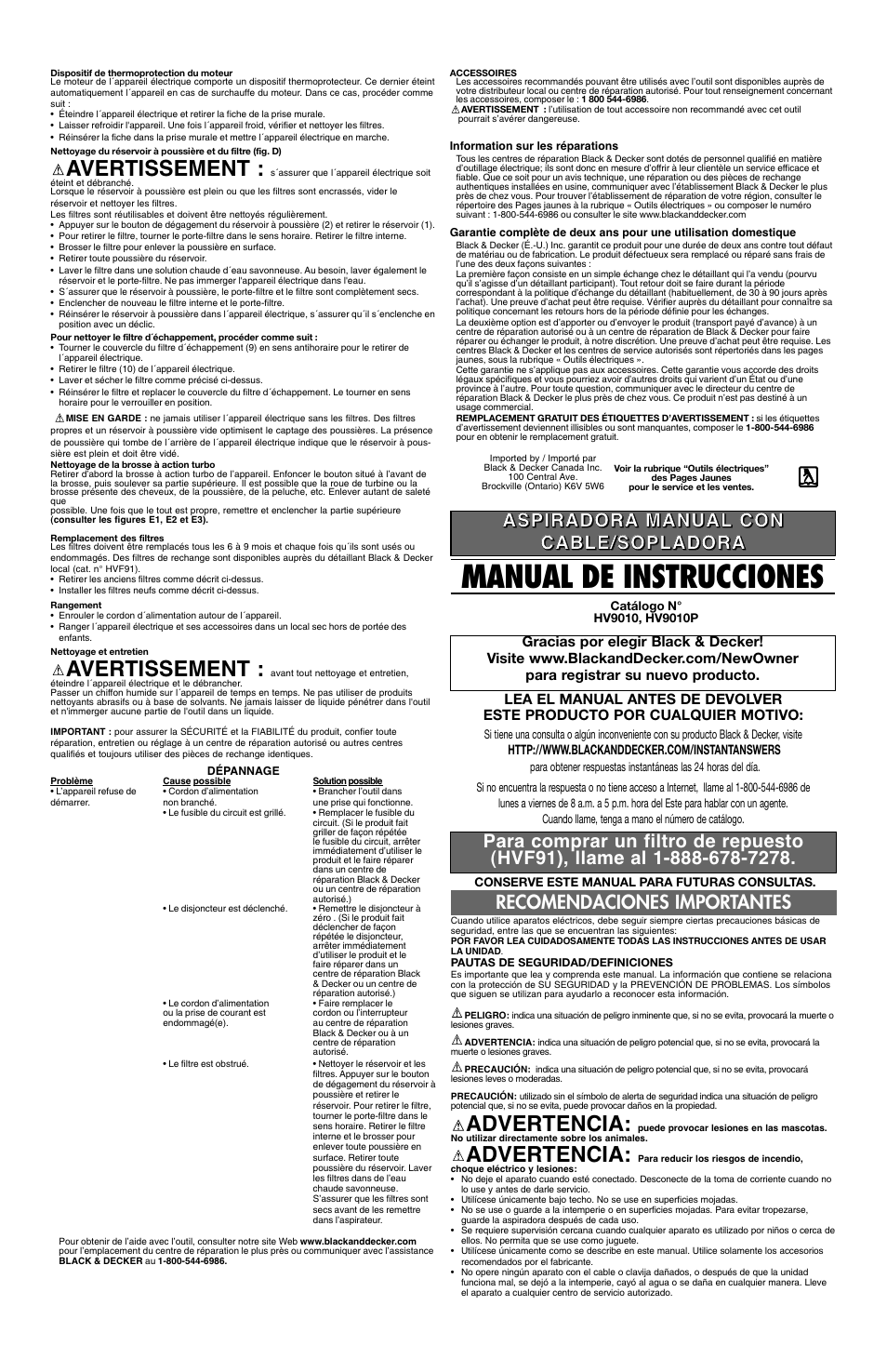 Manual de instrucciones, Advertencia, Avertissement | Black & Decker HV9010P User Manual | Page 4 / 6