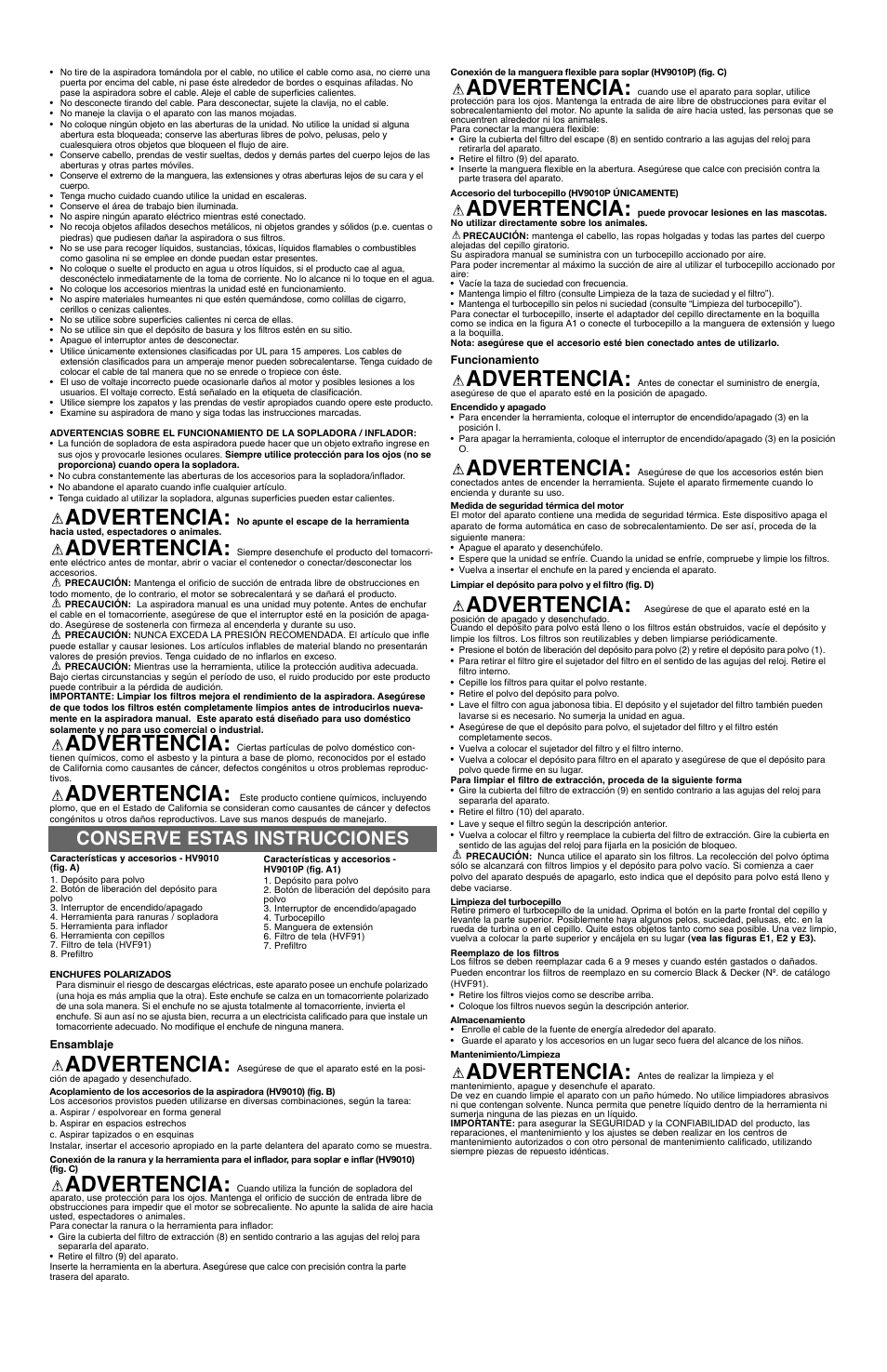 Advertencia, Conserve estas instrucciones | Black & Decker HV9010P User Manual | Page 5 / 6