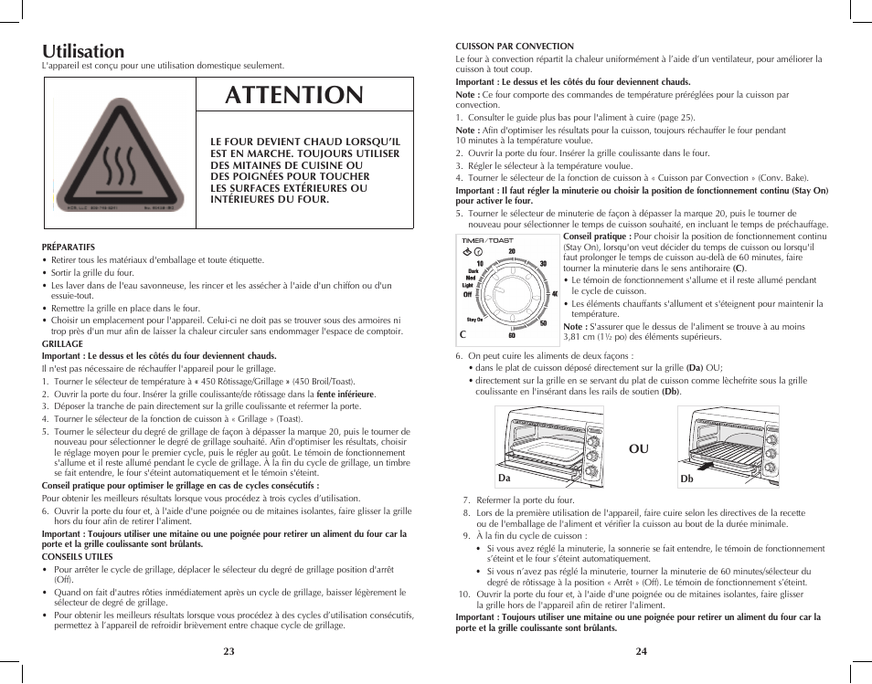 Attention, Utilisation | Black & Decker TRO4070 User Manual | Page 13 / 19