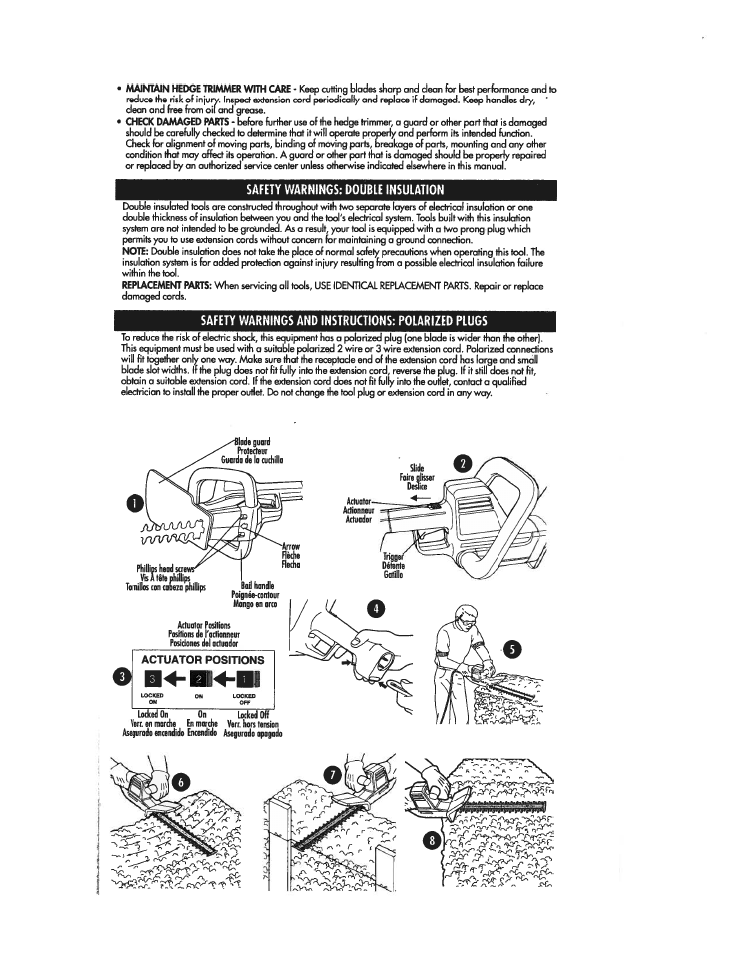 Safety warnings: double insulation, Safety warnings and instructions: polarized plugs, Actuator positions | Black & Decker HT300 User Manual | Page 3 / 5