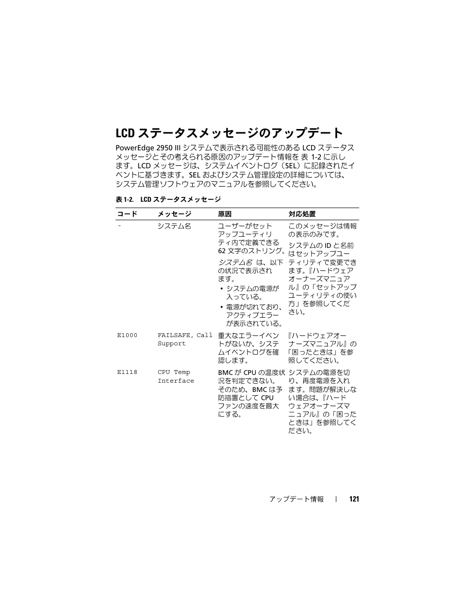 Lcd ステータスメッセージのアップデート, ステータスメッセージのアップデート | Dell POWEREDGE 2950 User Manual | Page 121 / 186