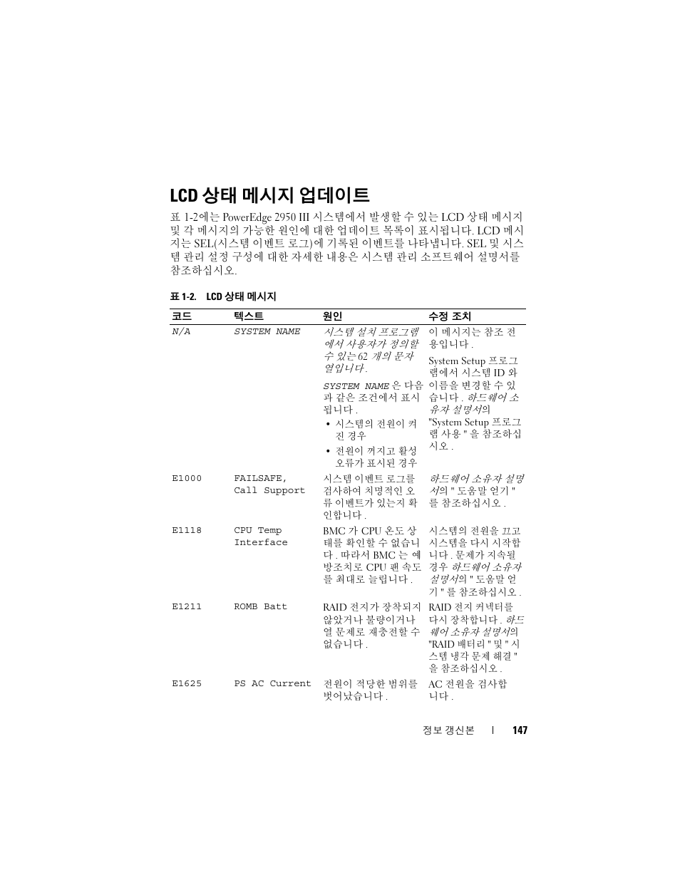 Lcd 상태 메시지 업데이트, 상태 메시지 업데이트 | Dell POWEREDGE 2950 User Manual | Page 147 / 186