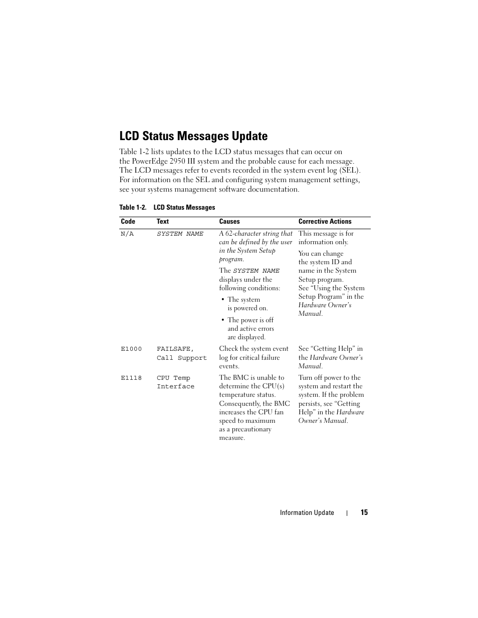 Lcd status messages update | Dell POWEREDGE 2950 User Manual | Page 15 / 186