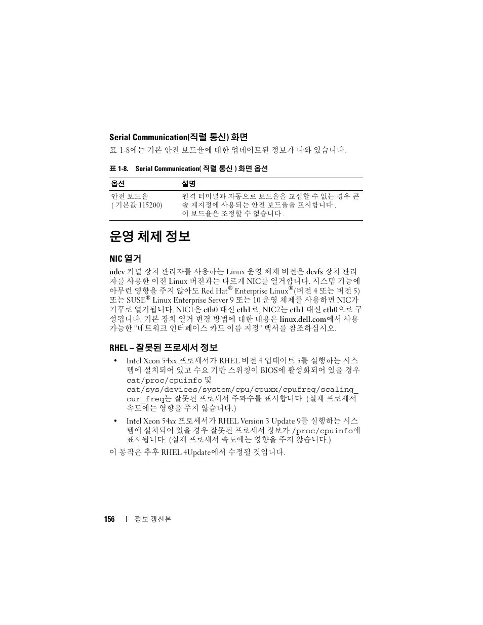Serial communication(직렬 통신) 화면, 운영 체제 정보, Nic 열거 | Rhel - 잘못된 프로세서 정보, Serial communication, 직렬 통신 ) 화면, Rhel, 잘못된 프로세서 정보 | Dell POWEREDGE 2950 User Manual | Page 156 / 186